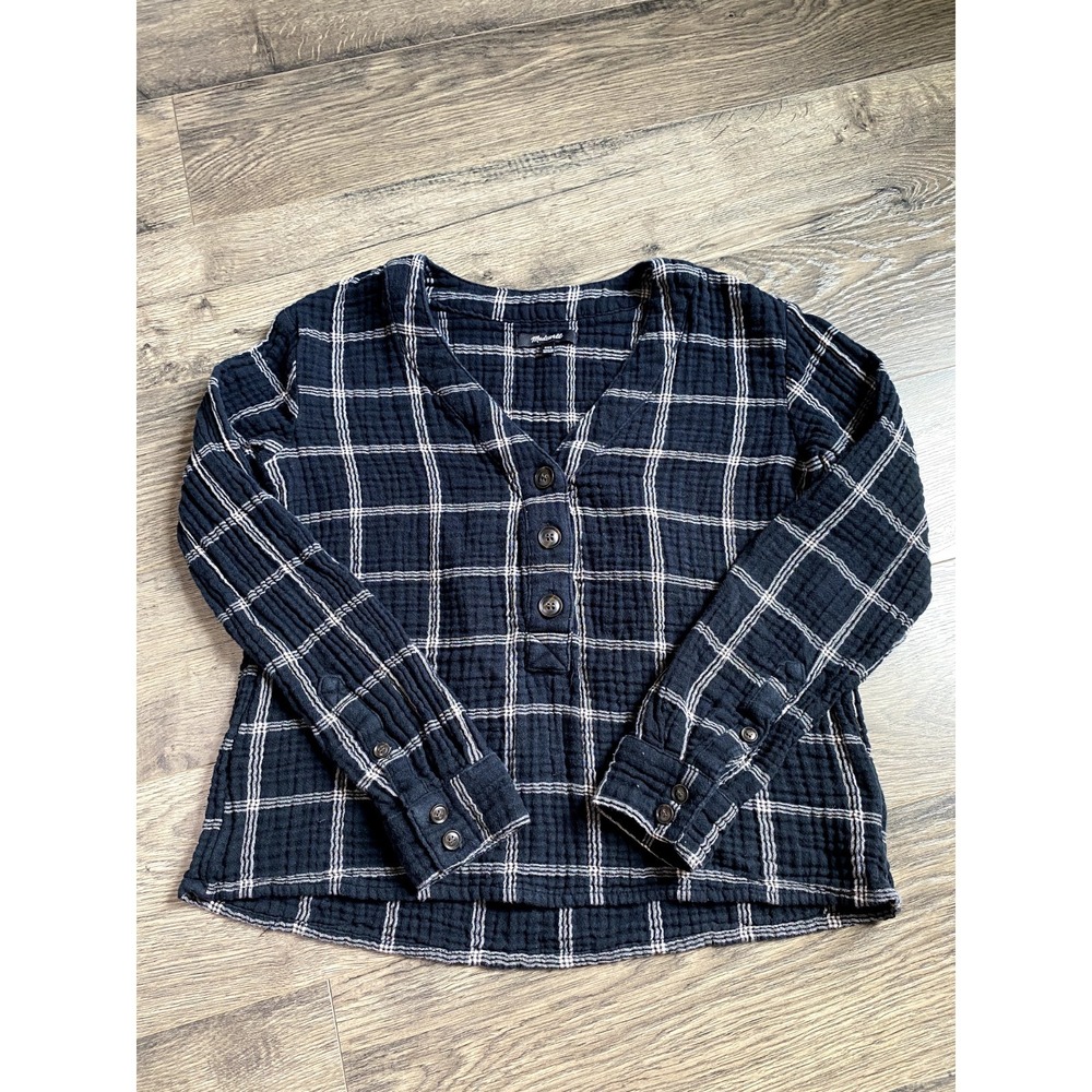 EUC Womens Madewell Evert Top in windowpane 100% cotton long sleeve top size xxs